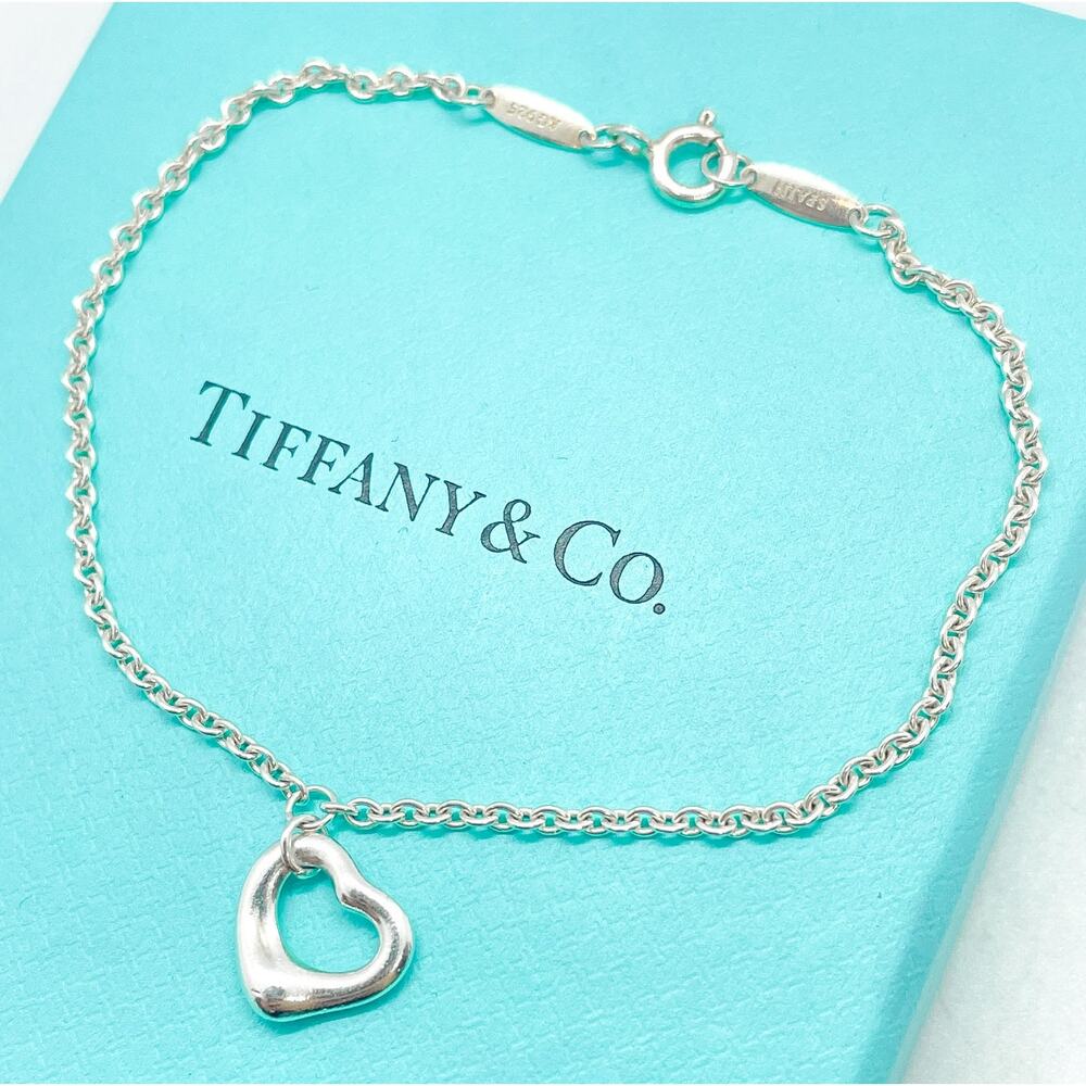 Tiffany & Co. Elsa Peretti Open Heart Charm Bracelet Sterling Silver 7" w/ pouch